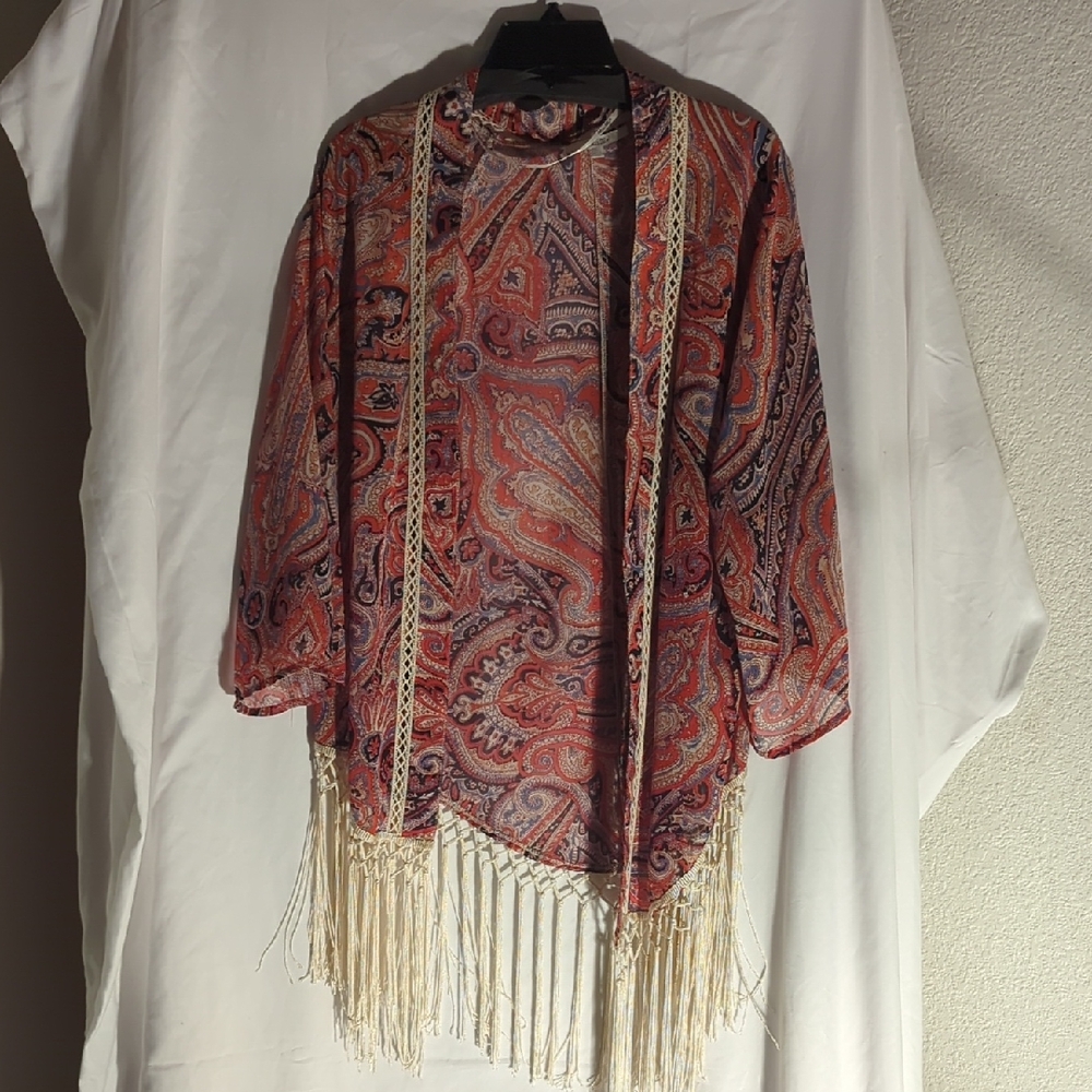 Miss Me Red and Cream Shrug with Fringe